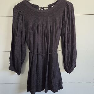 Motherhood Maternity Smocked Tie Back Balloon Sleeve Tunic Blouse Black Women M